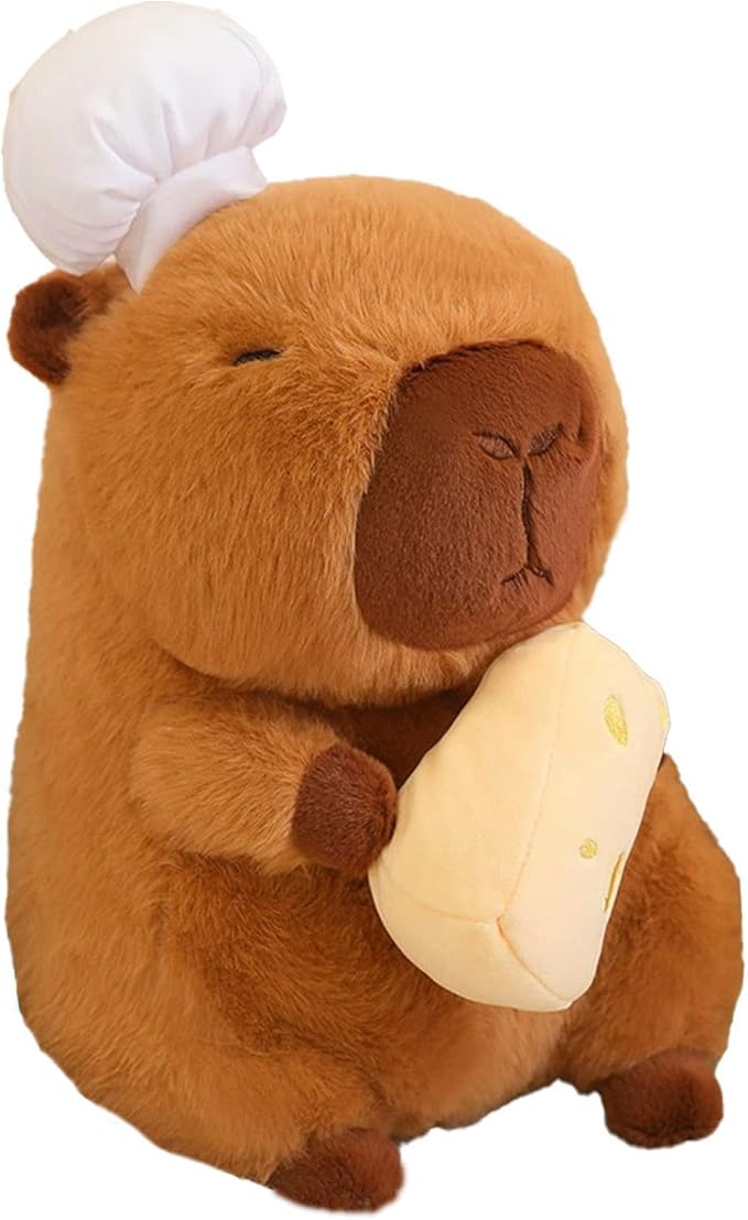 Capybara Plush with Cooking Chef Hat Holding Cheese 9.8 inch Cute Capibara Stuffed Animal Ultra Soft Plushies Toys Kawaii Gifts for Kids Brown