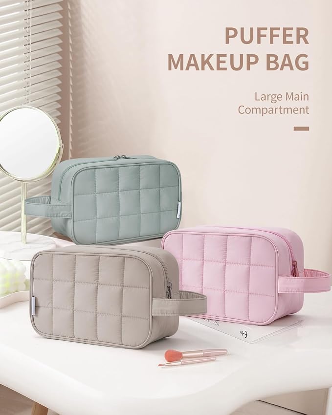 Narwey Quilted Makeup Bag Puffy Make up Bag Cosmetic Bag Organizer, Puffer Travel Toiletry Bag for Traveling Women Girl, Travel Bag for Toiletries, Skincare Medicine Bags (Khaki)