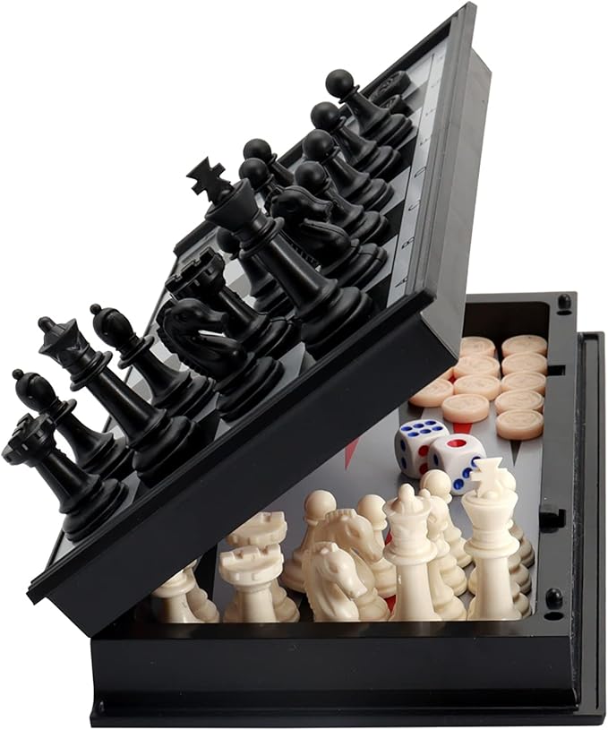 KAILE 10" Magnetic Chess Sets - 3 in 1 Travel Chess Checkers Backgammon Set with Folding Case - Portable Elastic Bag