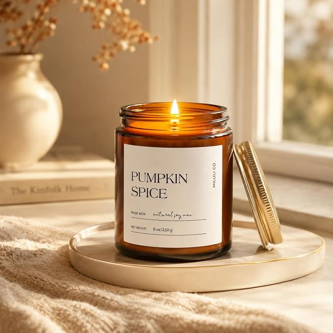 Pumpkin Spice Scented Soy Candle for Home, Natural Aromatherapy Candles with Essential Oils, Nontoxic Clean Burn, Strong Balanced Scent, 50 Hour Longlasting, Amber Jar Candel for Relax(9oz)