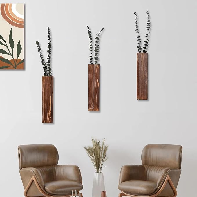 Wooden Wall Planter Set of 3 - Modern Home Decor for Living Room, Bedroom, Bathroom - Walnut Finish Planter for Dried Flowers, Faux Greenery, Indoor Plants