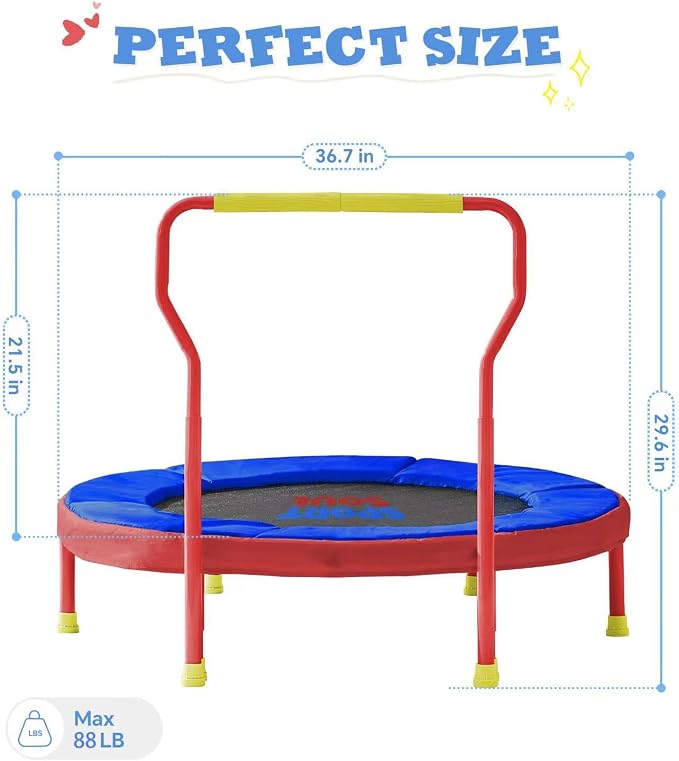 SPORTSOUL Mini Trampoline for Kids 3-6 with Super Safe Foam Handle Bar, 3ft Toddler Trampoline Indoor with No-Gap Cover for Indoor and Outdoor