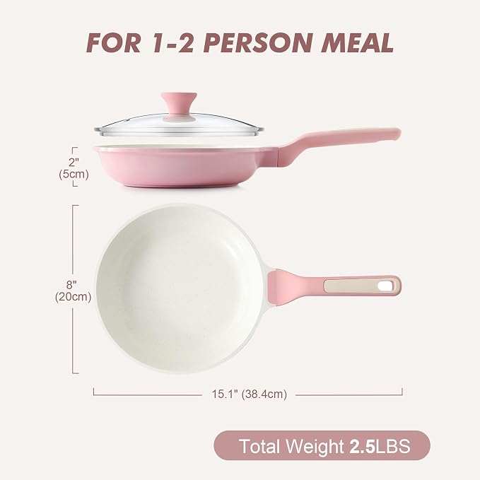 SENSARTE 8Inch Nonstick Ceramic Frying Pan with Lid, PFAS/PTFE Free, Pink | Ceramic Omelette Pan Skillet, Healthy Non-toxic Chef's Pan, Induction Compatible Pan, Heat Resistant Handle
