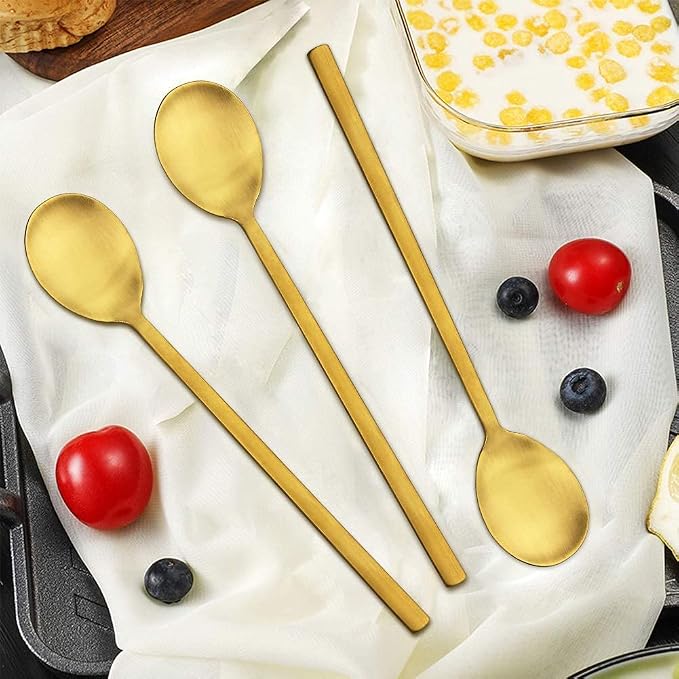 IQCWOOD Korean Spoons, 8 Pieces Stainless Steel Gold Soup Spoons, 8.5 Inch | Tablespoon with Long Handle, Asian Dinner Spoon Set, Round Spoon for Home, Kitchen or Restaurant Dishwasher Safe