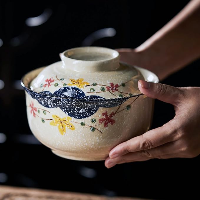 Ceramic Ramen Bowl with Lid, 25 Oz Big Bowl for Noodle, Soup, Porridge and Rice, Japanese Style, Korean Clay Pot, Oven, and Microwave Safe (Pattern C)