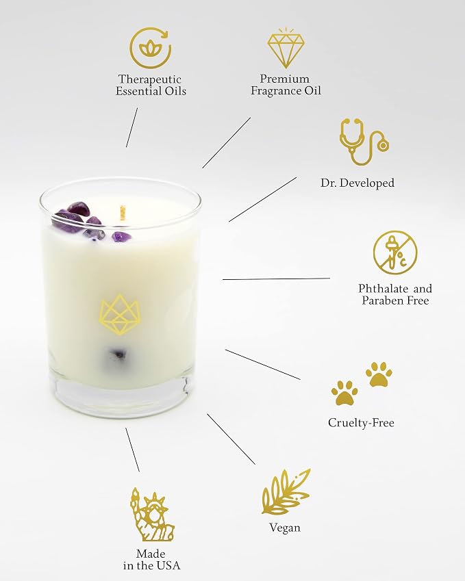 Luxury Glass Jar Candle, 14.5 OZ, Defense - Smoky Quartz Crystal Infused - Scents of Frankincense, Neroli, & Sage - Detoxify, Ground, & Fortify - Coconut Wax Blend, Essential Oils