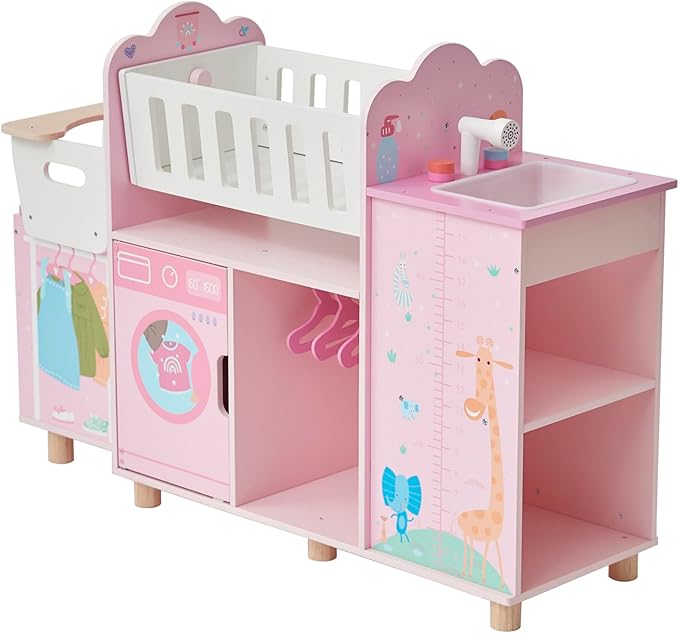 Olivia's Little World Amanda 6-in-1 Wooden Doll Nursery Station with Rocking Cradle, High Chair, Storage, Washing Machine and Sink - for 3 yrs and up, Pretend Play House, Daycare - Pink/Multi