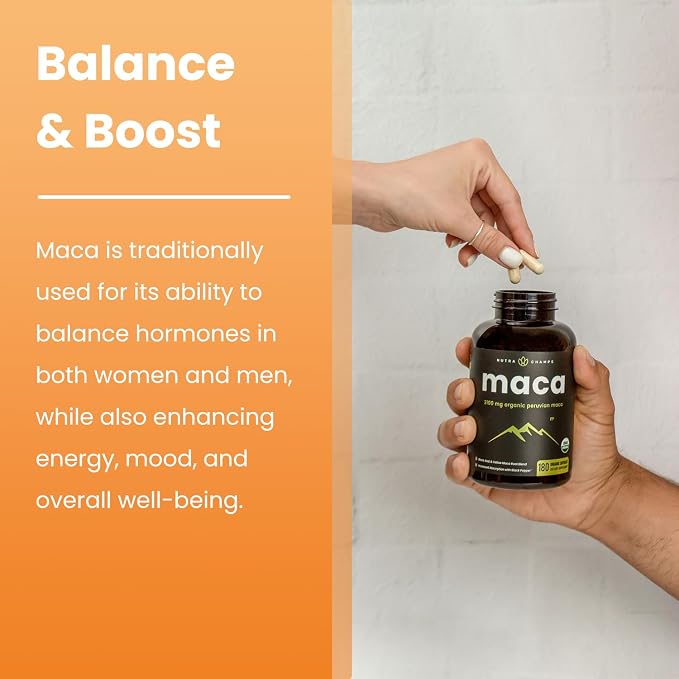 NutraChamps USDA Organic Maca Root Capsules for Women & Men, 2100mg, 180 Capsules, Black, Red & Yellow, Peruvian Maca Peruana, Extra Strength Pure Premium Gelatinized Root Powder Supplement
