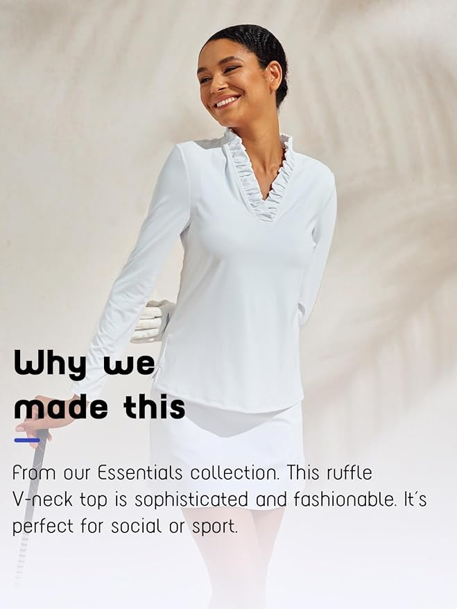 ACEGOLFS Womens Golf Polo Shirts Casual Ruffle V Neck Long Sleeve Tops for Women UPF 50+ Rash Guard Ladies Pullover Shirt