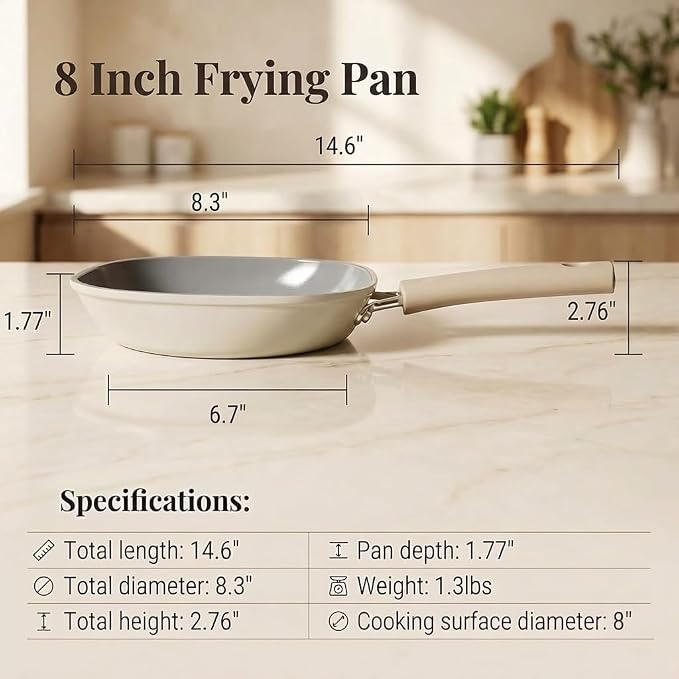 8 Inch Ceramic Nonstick Frying Pan - Dual Ceramic Coating Inside & Out, PFAS/PFOA-Free Skillet, Induction Compatible & Dishwasher Safe, Stay-Cool Handle, Eco-Friendly Egg Pan