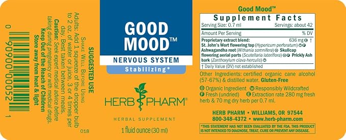 Herb Pharm Good Mood Support Supplement: with St. John's Wort & Certified Organic Ashwagandha | Positive Mood & Emotional Balance Support Tincture| Fast-Absorbing, Non-GMO |Up to 2 Week Supply, 1 oz*
