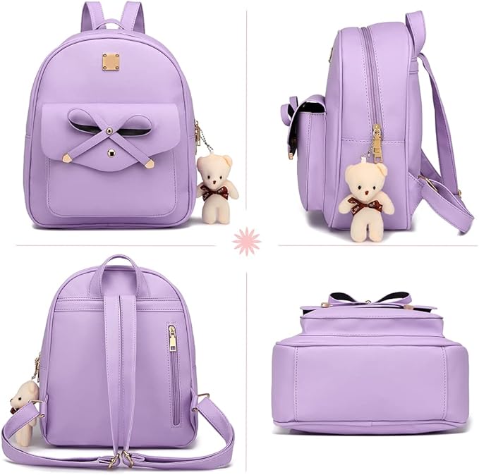 MACCINELO Cute Leather Mini Backpack Purse for Women Bowknot Small Backpack for Girls gift Rucksack Ladies Shoulder Bag 3pcs