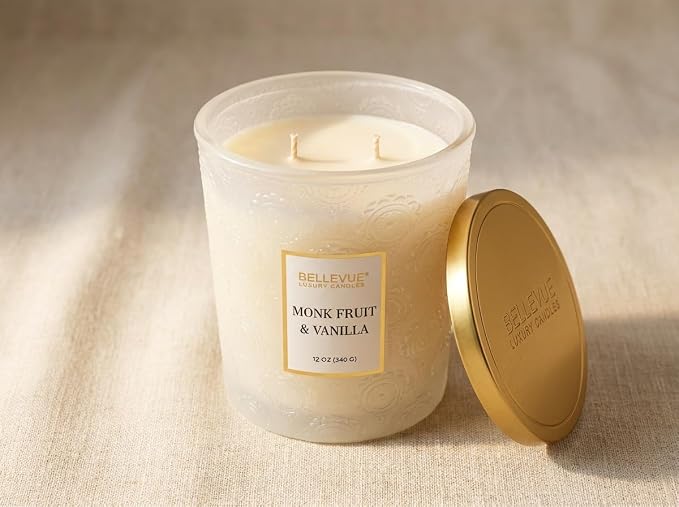 Bellevue Luxury Candles, 12 OZ Soy Blend Candle, Embossed Glass, Fragrances formulated with Essential Oils, Home Fragrances, Scented Candles Gift Set ǀ Scent: Monk Fruit & Vanilla