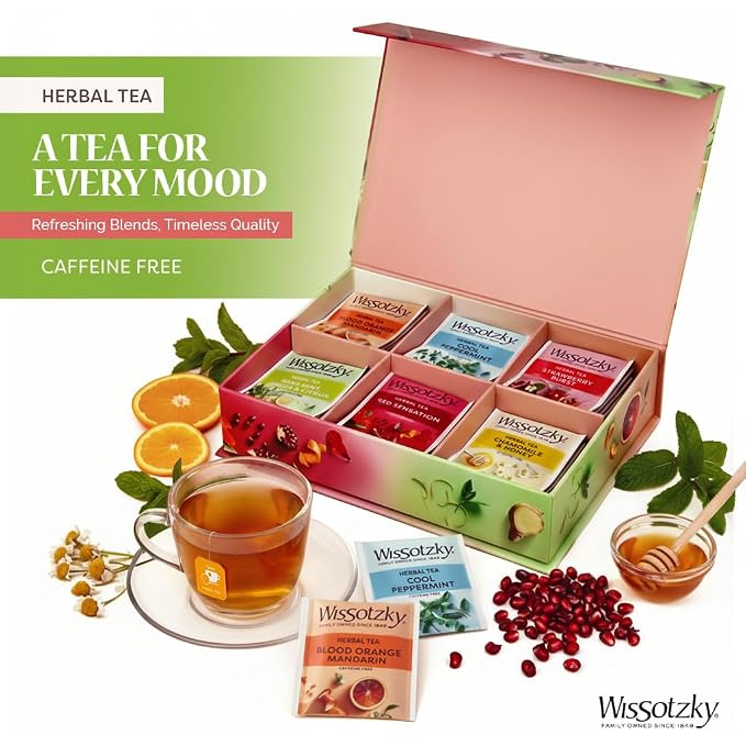 Wissotzky Herbal Tea Gift Set - Variety Pack Sampler (42 Tea Bags) Premium Reusable Gift Box | Caffeine-Free | 6 Exciting Flavors | Individually Wrapped Tea Bags | Ideal Present for Holiday & Corporate Gifting | Magnetic Closure Box | Kosher
