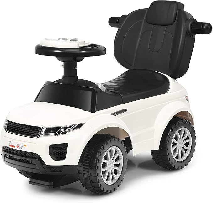 GLACER Push Cars for Toddlers 1-3, 3-in-1 Kids Sliding Car with Detachable Guardrail, Horn, Music, Lights, Storage Box and Anti-Roll Design, Ride on Push Car for Boys Girls(White)