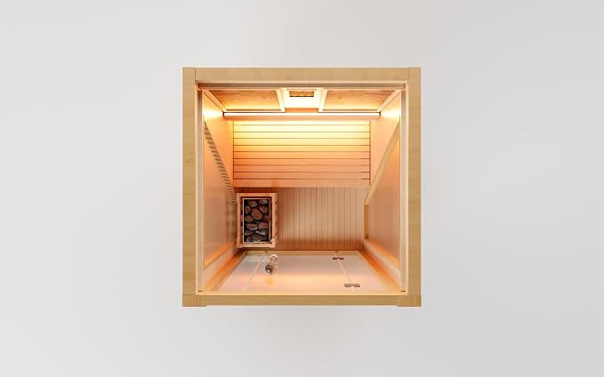 Smartmak Wood Home Steam Sauna, WiFi Control 1 Person Canadian Hemlock Traditional Luxurious Wooden Indoor Spa Room, with 3.5 kw Heater, Speaker, Rocks, Water Bucket, Spoon, Sky Lights