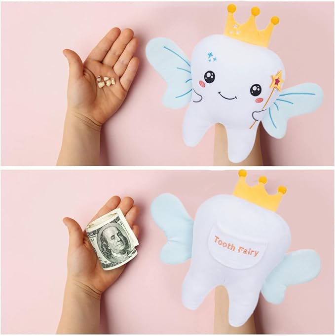 Tooth Fairy Plush Holder Gift – 12 Inch Tooth Pillow Crown Blue Wings Star Wand Kids' Tooth Fairy Gift for Boys Girls with Pocket