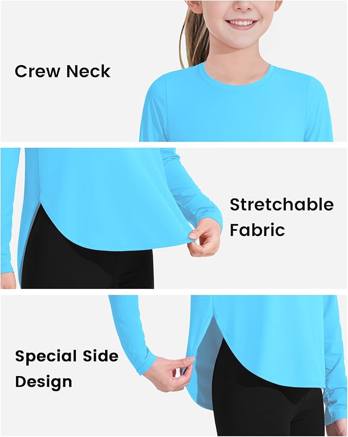 JOCMIC Girls Long Sleeve Shirts Kids Athletic Quick Dry UPF 50+ Sun Shirt Basic Tees for Gym Yoga Tops