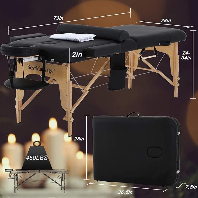 BestMassage Massage Bed Portable Massage Table 28 inch Wide Lash Bed Height Adjustable PU Leather 2 Folding with Towel Hanger Oil Pouch Half Bolster Round Bolster Non-Woven Bag