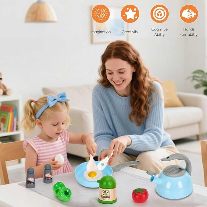 90Pcs Kitchen Playset Accessories, Pretend Cooking with Pots, Pans, Cookware, Food, Fruit, Veges, Color Sorting Baskets, Prop Money, Learning Gift for Girls Boys Toddlers (Turquoise)