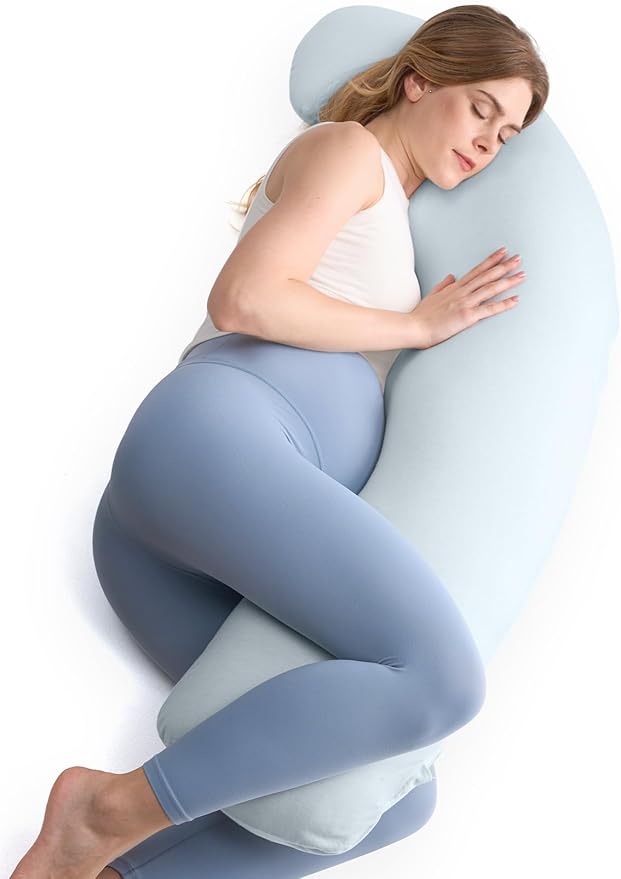 Momcozy Pregnancy Pillows for Side Sleeping, J Shaped Maternity Body Pillow for Pregnancy, Soft Pregnancy Pillow for Head Neck Belly Support, Blue