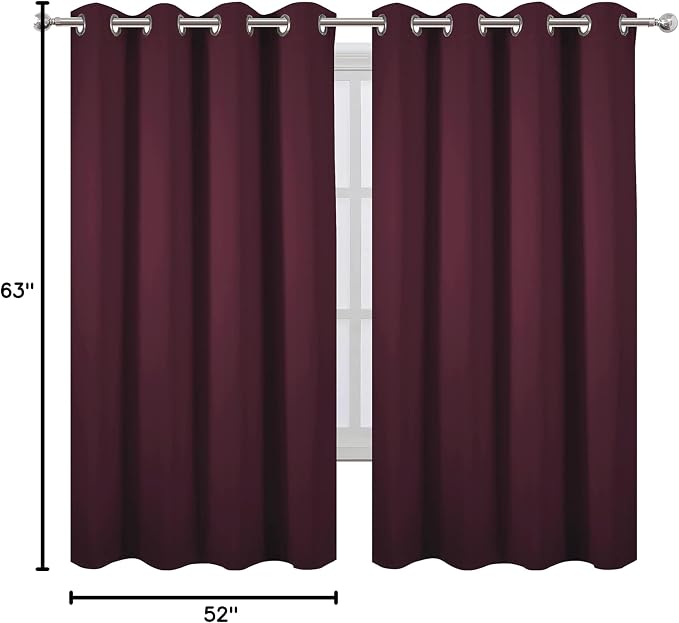 LEMOMO Burgundy Red Blackout Curtains 52 x 63 Inch Length/Set of 2 Curtain Panels/Thermal Insulated Room Darkening Blackout Curtains for Bedroom