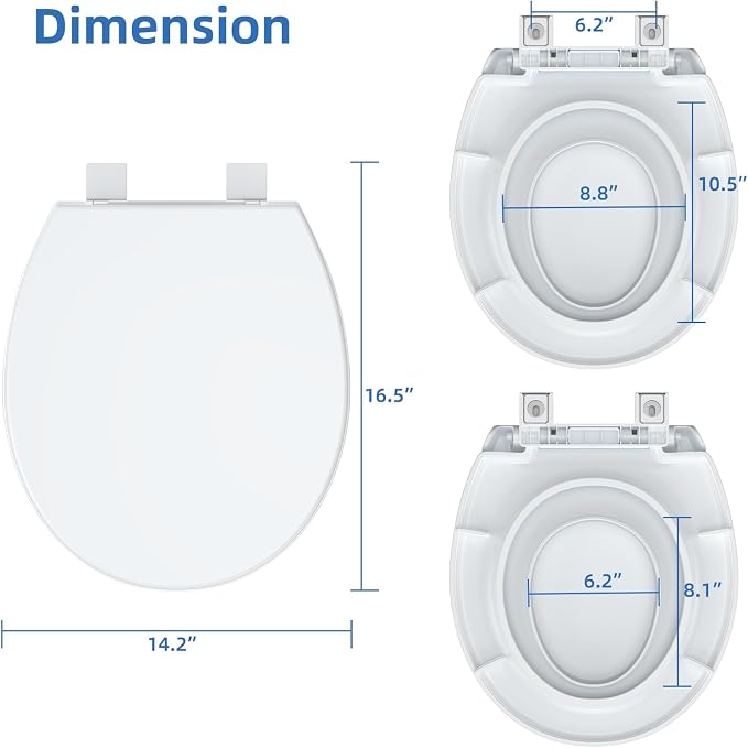 Round Toilet Seat, Toilet Lid Slow Close Quiet No Thud, Magnets Down Lock Quick Release Full Flat Potty Training Toilet Seat with Child Toddler Seat White, 17" Bunk Cover