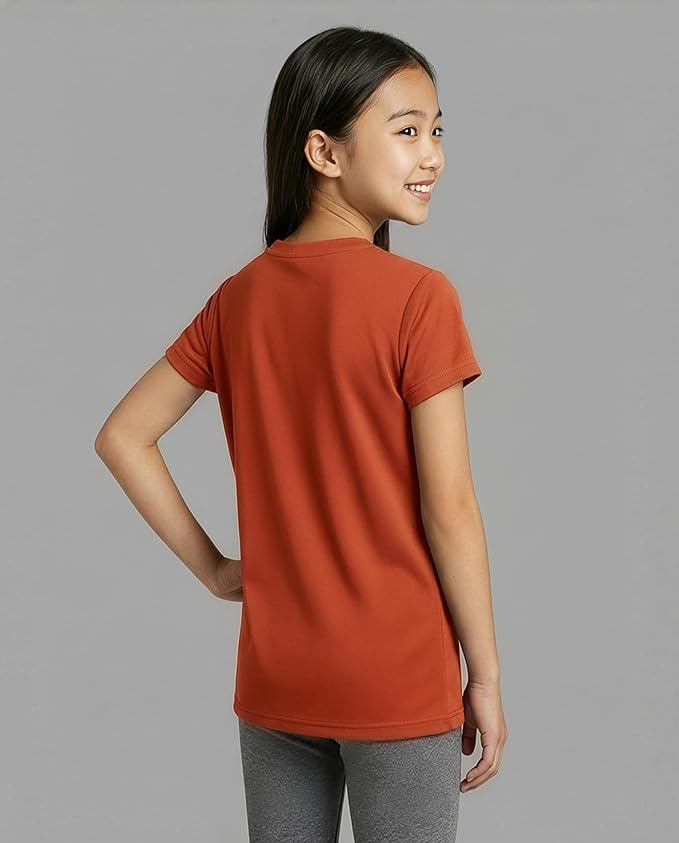 Real Essentials 5 Pack: Girls' Short Sleeve Dry-Fit Athletic T-Shirt - Active Gym Crew Neck Tops for Teens Kids (Ages 4-16)