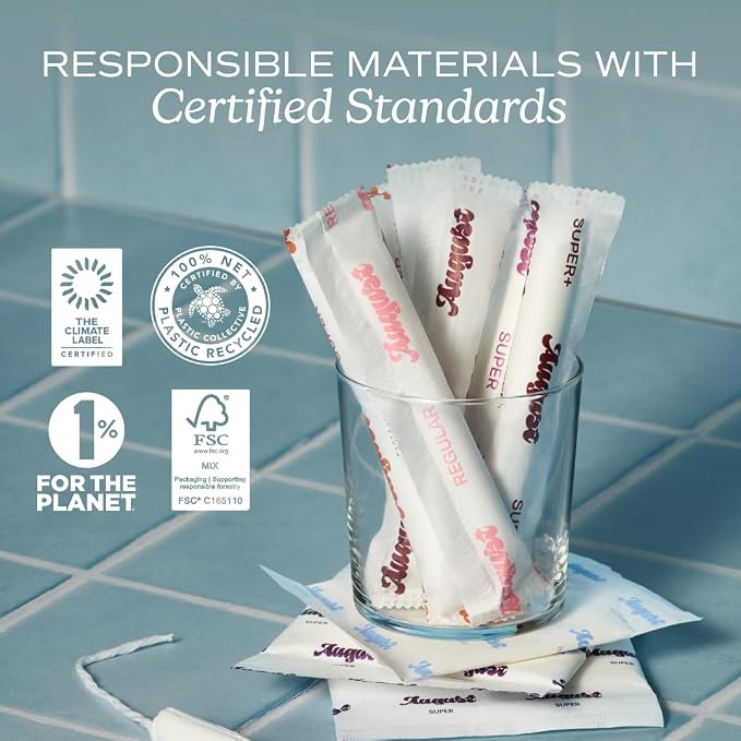 August Organic Cotton Tampons, 96 Regular Tampons Made with Organic Cotton, Long Applicators, Non-Toxic, Fragrance & Chlorine-Free, Hypoallergenic (6 Boxes of 16/12 Boxes of 8)