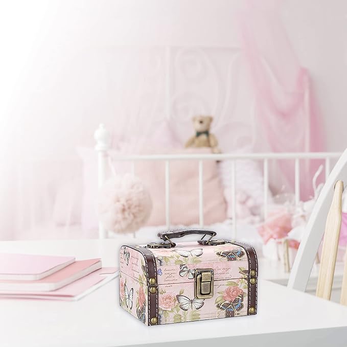 ELLDOO Decorative Treasure Chest Box, Wooden + PU Leather Storage Box for Jewelry Trinkets, Keepsakes box for Girls Women Gifts (Butterfly Pattern, Small)