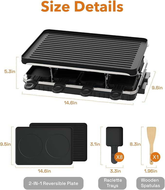 HBN Raclette Table Grill, 2-in-1 Korean BBQ Grill & Electric Griddle, 1300W | 8 Warming Trays, Reversible Nonstick Plate, Crepe Maker with Adjustable Temperature, for Indoor Family Gatherings, Parties