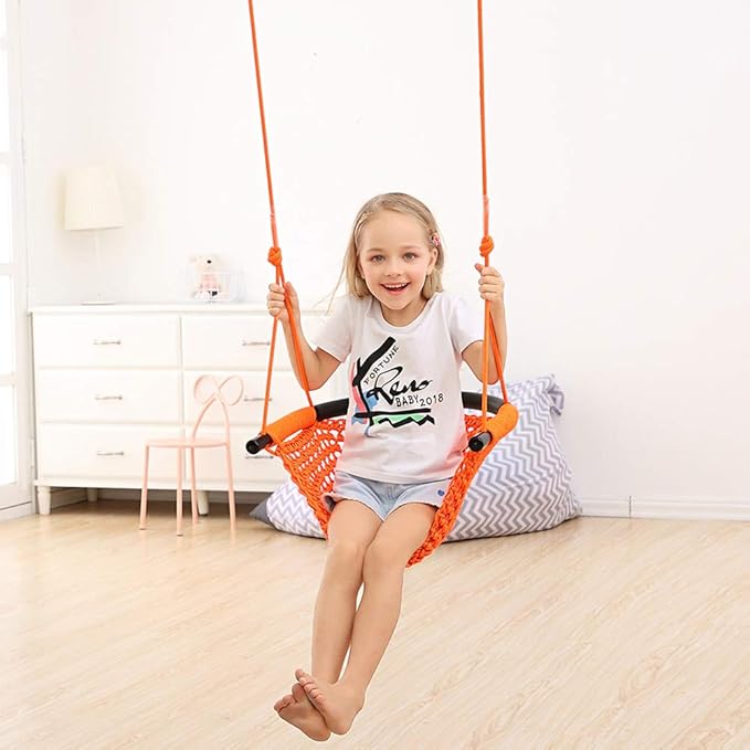 Hand-Knitting Toddler Swing, Swing Seat for Kids with Adjustable Ropes, Little tikes Swings Set, for Outdoor Indoor, Playground, Backyard (Orange)