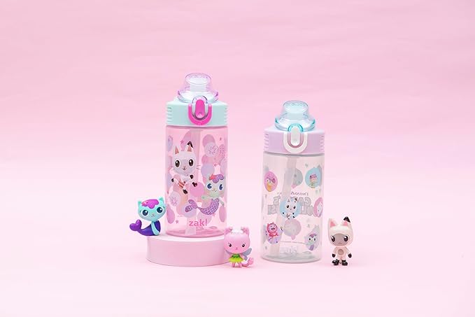 Zak Designs DreamWorks Gabby's Dollhouse Sage Kids Water Bottle For School or Travel, 16oz Durable Plastic Water Bottle With Straw and Leak-Proof, Pop-Up Spout Cover, 2-Pack Set (The Gabby Cats)
