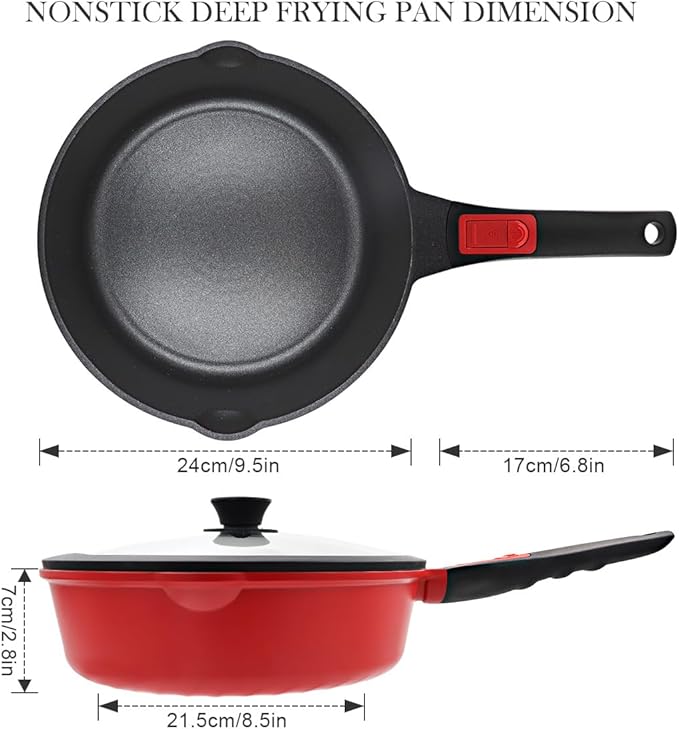 10 Inch Deep Frying Pan with Lid, Non Stick Frying Pans Saute Pan, Nonstick Skillet Cooking Pan Kitchen Pans, Compatible with All Stoves, Detachable Handle, Oven Safe, PFOA Free, Red (4 Qt)