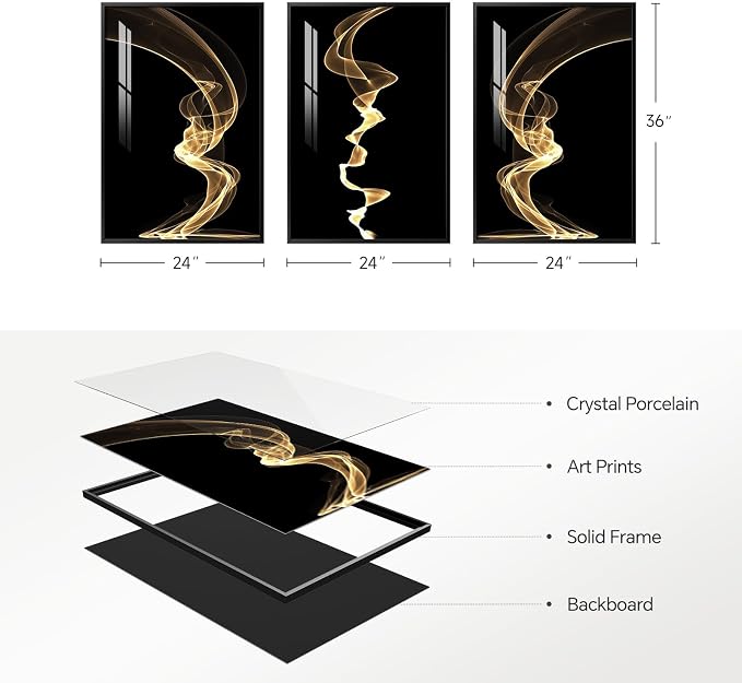 3 Piece Large Framed Abstract Wall Art for Living Room, Black and Gold Modern Artwork for Walls, Contemporary Luxury Bright Style Pictures Prints Paintings for Hallway Office Wall Decor 24x36 Inch