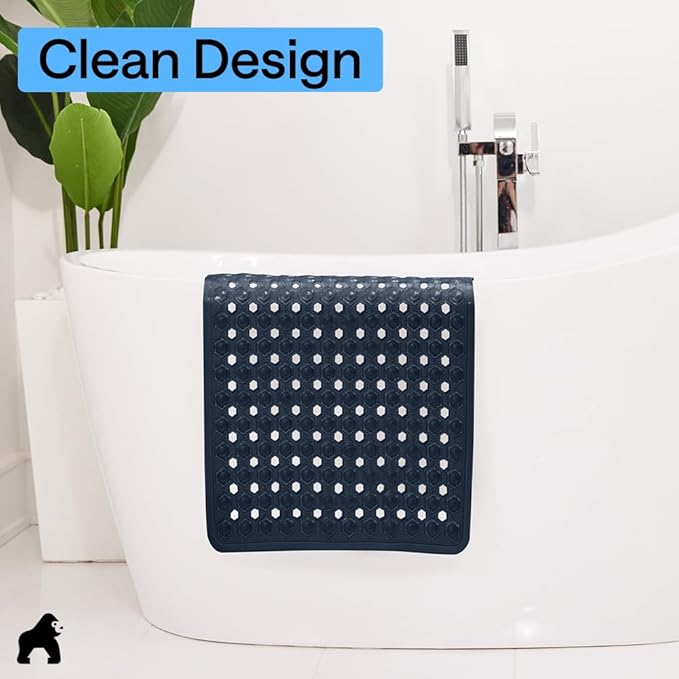 GORILLA GRIP Patented Square Shower Stall Mat, Small Bathtub Floor Mats for Stand Up Showers, Suction Cups and Drainage Holes, Machine Wash, Soft on Feet, Bathroom Accessories 21x21 Inch, Navy Opaque