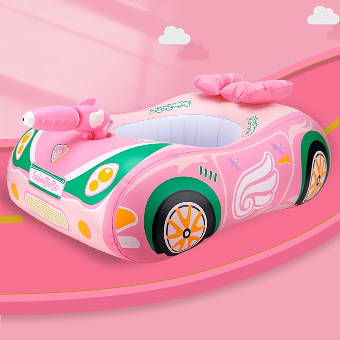 Swimbobo Toddler Pool Float Inflatable Car Baby Swim Float with Adjustable Sun Canopy and Safety Seat Pool Toys for Kids 3+ Years Old(Pink Green Car)