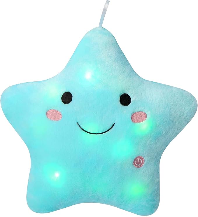 DearSun 13''Creative Twinkle Star Colorful Night Light Plush Pillows Light up Night Stuffed Toys Perfect for Birthday Christmas Holiday Valentines (Blue)