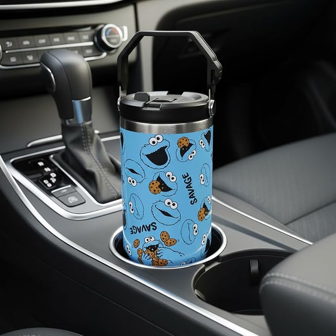 Bioworld Sesame Street Cookie Monster AOP 40 Oz. Vacuum Sealed Stainless Steel Tumbler With Carry Handle