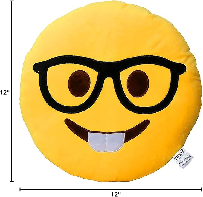 EvZ Official Certified Glasses Boy Emoji Pillow - 32cm Large Soft Plush Smiley Face Geek Emoticon Cushion - Cute Decorative Stuffed Toy for Students, School Gift, Home & Office Decor (Yellow)