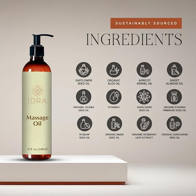 Idra Wellness Body Massage Oil for Massage Therapy - Contains Lavender, Rose, Ylang Ylang - 100% Pure - 240ml, Multipurpose Instant Absorption Full Body Massage Oil - 8 Fl Oz