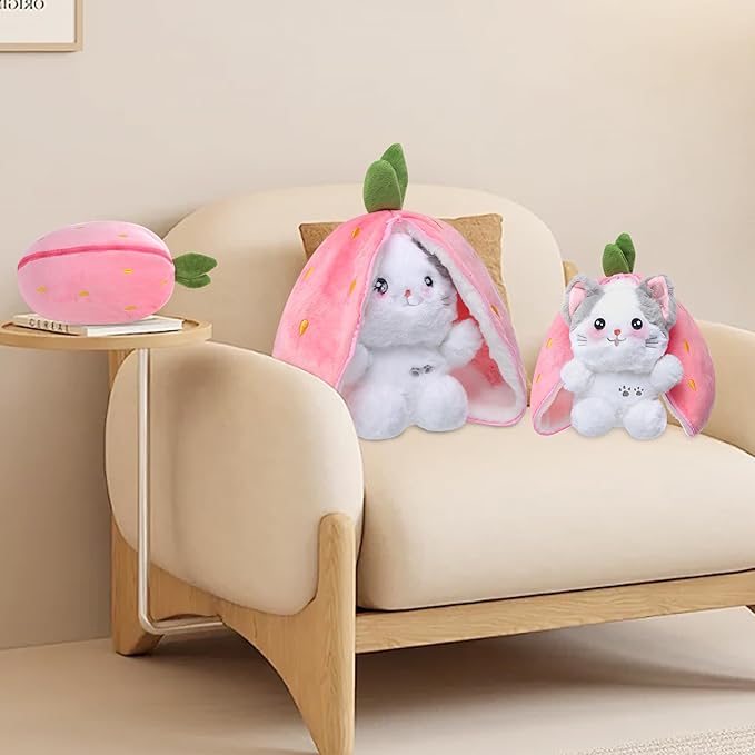 MIAODAM Cat Plush Stuffed Animals, Cute Reversible Strawberry Turn Into Cat Zip Plush, Funny Plushies Toy in A Strawberry Stuffie for Baby & Girlfriend Gift (7.8inch)