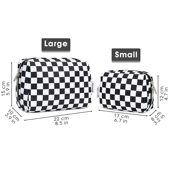 Narwey Checkered Makeup Bag Travel Cosmetic Bag Organizer Toiletry Bag Make Up Bags with Compartments for Women Girls (Large, Black Checkerboard)