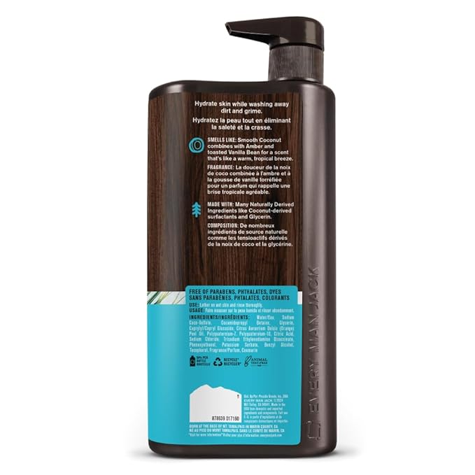 Every Man Jack Coconut + Driftwood Mens Body Wash for All Skin Types - Cleanse, Hydrate, and Smell Great - Free of Parabens, Phtalates, and Dyes - 33.8 fl oz - 2 Pack