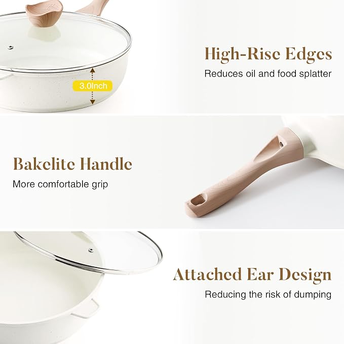 Kordisen Nonstick Ceramic Deep Frying Pan Skillet with Lid, 11 Inch, Cream | Saute Pan, Healthy Coating, Non Toxic, Induction Compatible, PFOA & PFAS Free