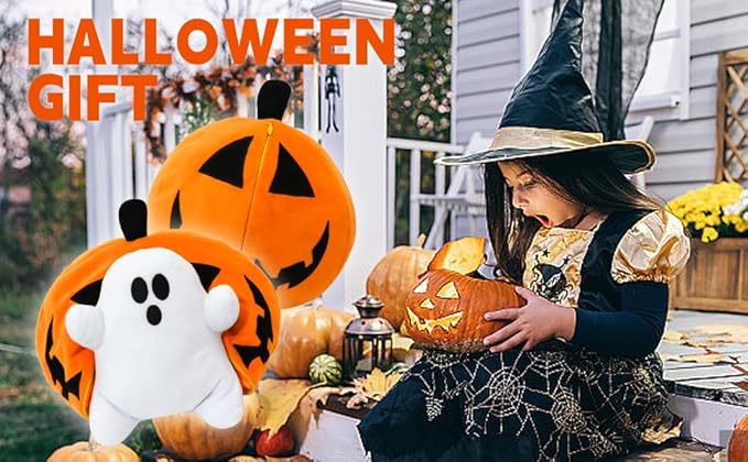 Halloween Pumpkin Ghost Plush Toy with Zipper – Cute Jack-o’-Lantern Ghost Pillow Decoration – Soft and Cuddly for Boys and Girls Plush Toy (Halloween Plush-A)