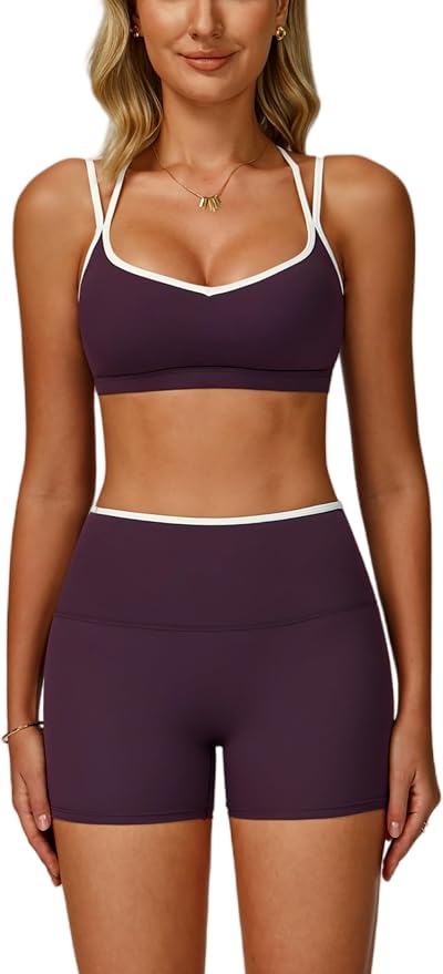 ABOCIW Workout Sets for Women 2 Piece Color Block Strappy Sports Bra High Waist Shorts Gym Yoga Pilates Outfits