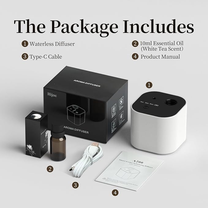 Waterless Essential Oil Diffuser,Portable Scent Diffuser with Battery Operated,3 Mist Modes,Fast Charging,Mini Aromatherapy Diffusers for Home,Bedroom,Office,Includes 10ml Essential Oil,White