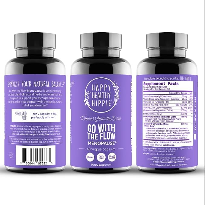 Happy Healthy Hippie Menopause Support for Women, DIM & Probiotics, 60 Ct | Supports Estrogen Metabolism for Hot Flashes & Night Sweats - 10 Billion CFU Probiotic with Dong Quai, 30 Servings