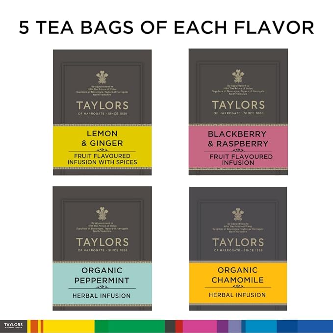 Taylors of Harrogate Assorted Specialty Fruit and Herbal Teas Sampler, Variety Gift Box, Individually Wrapped Bags, 20 Count (Pack of 1), Lemon & Ginger, Blackberry & Raspberry, Pure Peppermint, and Pure Chamomile, Caffeine-Free, Enjoy Hot or Iced, 20 ...